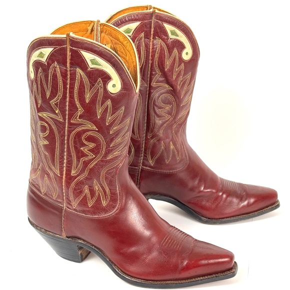 Justin Burgundy 50's Pee Wee Cowboy Boots - Womens Size 6.5B Inlaid Cloth Pulls - Picture 3 of 16